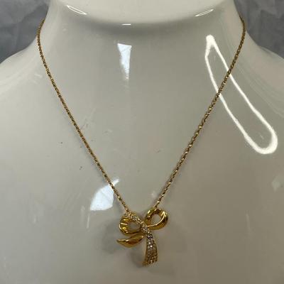 Gold Tone and Rhinestone Bow Necklace