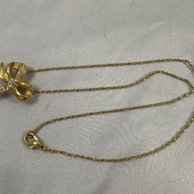 Gold Tone and Rhinestone Bow Necklace