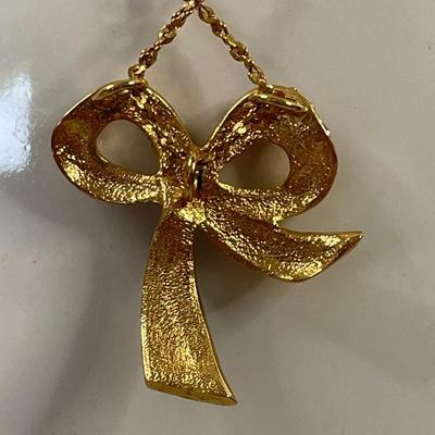 Gold Tone and Rhinestone Bow Necklace