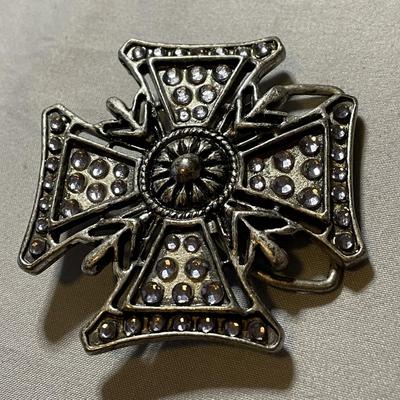 Pewter and Rhinestone Cross Belt Buckle