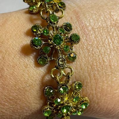 Green Rhinestone Floral Panel Bracelet