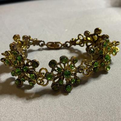 Green Rhinestone Floral Panel Bracelet