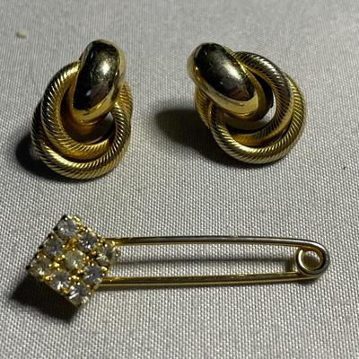 Gold Tone Earrings and Safety Pin