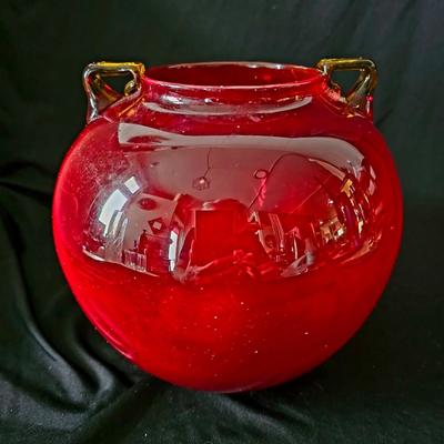 Hand blown Glass Ruby Red Rose Bowl, heavy large centerpiece