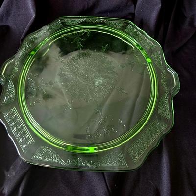 Uranium Glass Cake serving Plate with beautiful detail and glow
