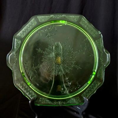 Uranium Glass Cake serving Plate with beautiful detail and glow