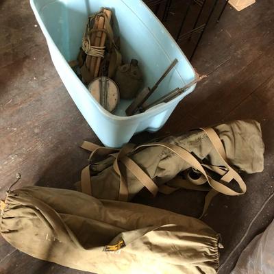 Vintage Army WW11 Memorabilia; Bed Matt, Sleeping Bag, Canteen, Etc.