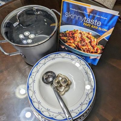 Soup Lot: Cephalon Stockpot, 4 Mikasa Charger/Bowl, Ladel, Silver Salt and Pepper Set, Cookbook