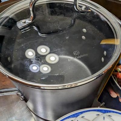 Soup Lot: Cephalon Stockpot, 4 Mikasa Charger/Bowl, Ladel, Silver Salt and Pepper Set, Cookbook