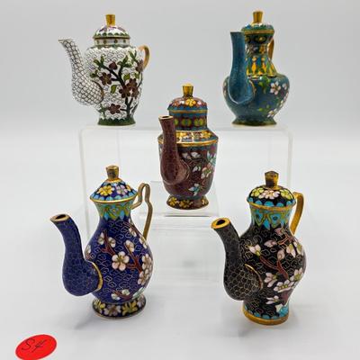 Set of Five Miniature Cloisonne Teapots
