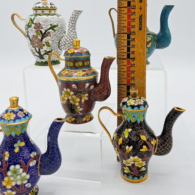 Set of Five Miniature Cloisonne Teapots