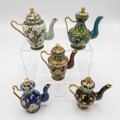 Set of Five Miniature Cloisonne Teapots