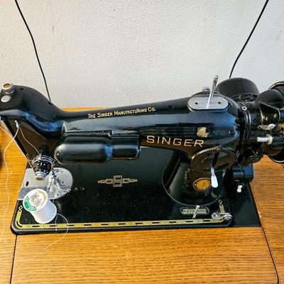 Vintage Singer Sewing Machine with Cabinet and Stool