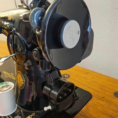 Vintage Singer Sewing Machine with Cabinet and Stool