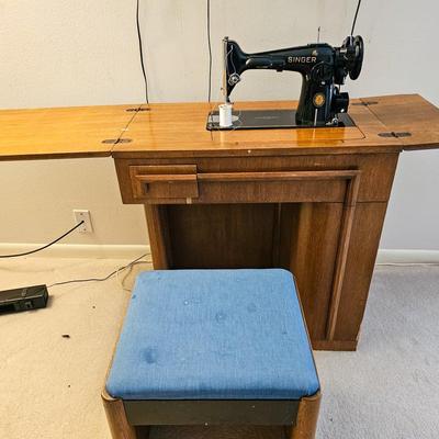 Vintage Singer Sewing Machine with Cabinet and Stool