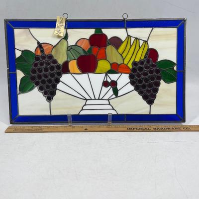 Stained Glass Rectangular Panel Stilllife Bowl of Fruit with Cobalt Blue Border Handcrafted