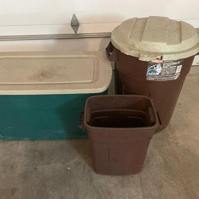Garbage cans and large plastic tote