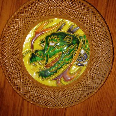 dragon plate enameled and wicker