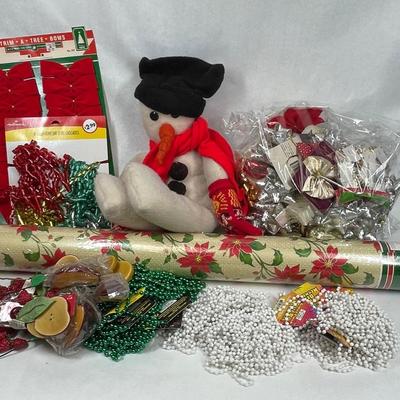 Super Big Christmas Trim Lot - wrapping paper, beads, bows, ribbon, fruit, Snowman stuffy, etc