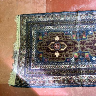 Vintage Turkish Anatolian Handmade Blue and Red Small Rug 33" x 62"