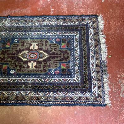 Vintage Turkish Anatolian Handmade Blue and Red Small Rug 33" x 62"