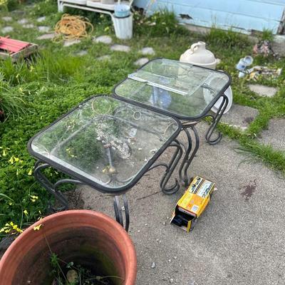 Patio table & Chairs , Umbrella stand - 3 Glass Top Tables & Faux Wicker patio Seating