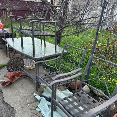 Patio table & Chairs , Umbrella stand - 3 Glass Top Tables & Faux Wicker patio Seating