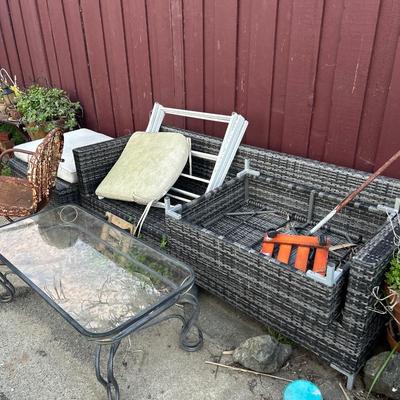 Patio table & Chairs , Umbrella stand - 3 Glass Top Tables & Faux Wicker patio Seating