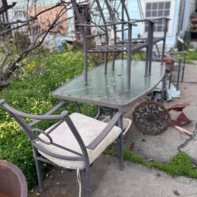 Patio table & Chairs , Umbrella stand - 3 Glass Top Tables & Faux Wicker patio Seating