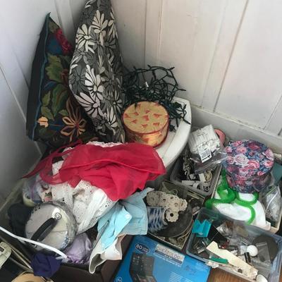 Sewing room Lot - All seen - boxes full, Plastic containers - Trim - Linen ++++