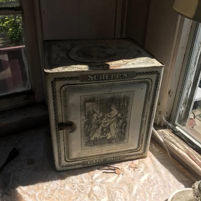 Antique Schepp's Cake Tin Box French Lithographs on Exterior & Printed Advertising on Interior of Door