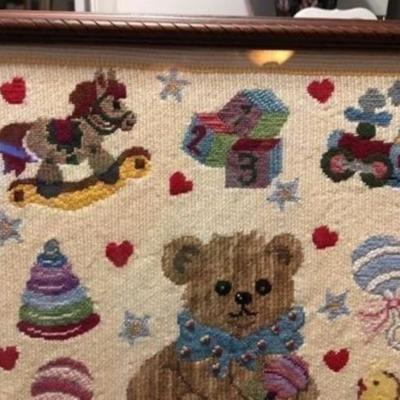 Vintage Elizabeth Bradley Teddy Bear Needlepoint Framed 18.5