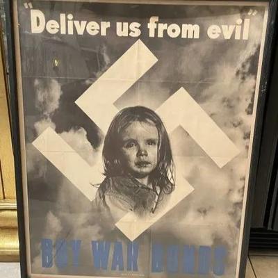 BUY WAR BONDS 22x28 WWII War Woster 1943 Nadeau, Sad Girl in Nazi Swastika, Ultra Rare! An Original Vintage Folded World War II Poster...