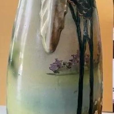 Antique EARLY Nippon/UnMarked c1850's Hand Painted Pottery Vase/Urn Double Handled 14.50
