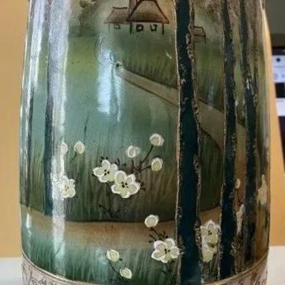 Antique EARLY Nippon/UnMarked c1850's Hand Painted Pottery Vase/Urn Double Handled 14.50