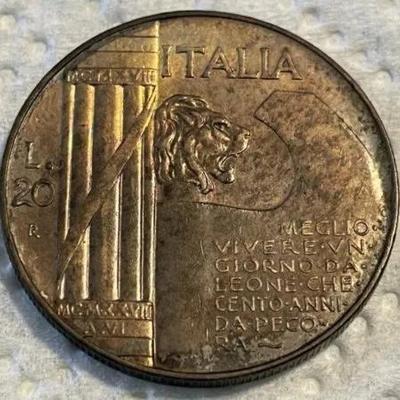 Rare Italy 1928-R 20 Lire Vittorio Emanuele III, High Grade Uncirculated Condition, w/Original Toning Preowned from an Estate.