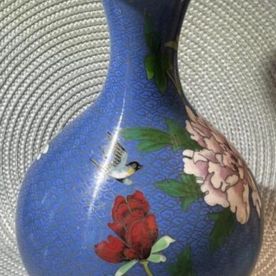 Gorgeous Chinese Cloisonne Blue Floral & Bird Enamel Vase 9" Tall in VG Preowned Condition.