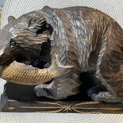 Vintage Japanese Arts & Crafts Hand Carved Bear Figure Signed from Hokkaido Japan (11.5" Long x 6,5" Tall BASE) in VG...