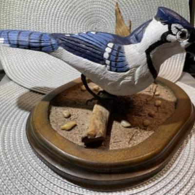 Hand Carved & Hand Painted Signed by Artist BLUEJAY Wooden Bird on Driftwood with Custom Made Base Bird & Base are 9.5" Long...