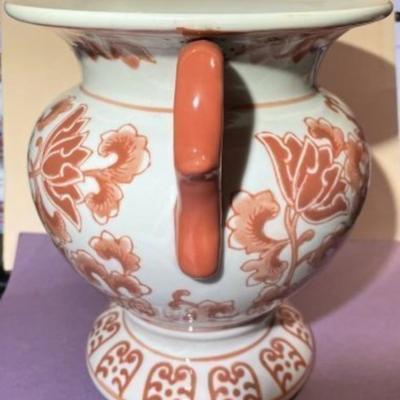 Vintage Asian Hand Painted Porcelain Double Handled Coral Colored 8" Tall Heavy Vase Preowned from an Estate in Good Condition.