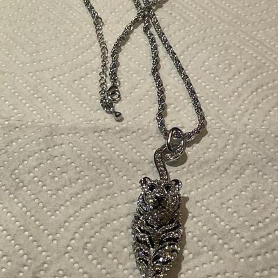 Vintage Silver-tone Crystal/Rhinestone Siberian Tiger Fashion Pendant on a 18-20" Rhodium Plated Chain in VG Preowned Condition as...