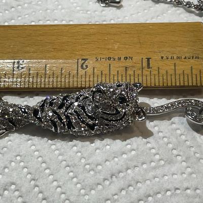 Vintage Silver-tone Crystal/Rhinestone Siberian Tiger Fashion Pendant on a 18-20" Rhodium Plated Chain in VG Preowned Condition as...