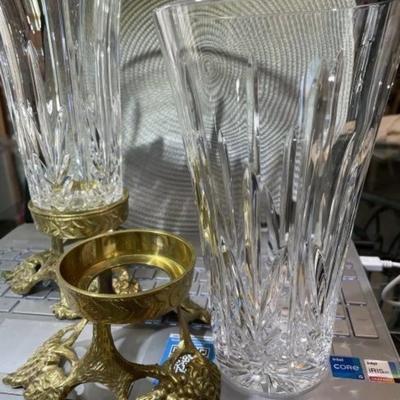 Vintage Pair of Leaded Glass Vases/Candle Holders on Solid Brass Bases 10" Tall Overall in VG Preowned Condition.