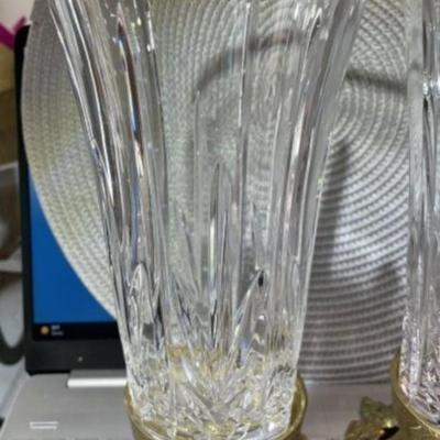 Vintage Pair of Leaded Glass Vases/Candle Holders on Solid Brass Bases 10" Tall Overall in VG Preowned Condition.