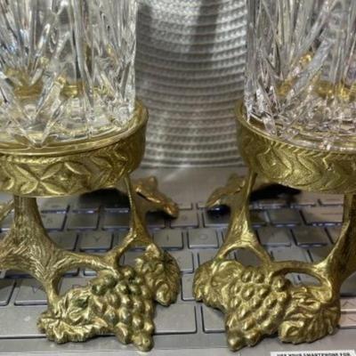 Vintage Pair of Leaded Glass Vases/Candle Holders on Solid Brass Bases 10" Tall Overall in VG Preowned Condition.