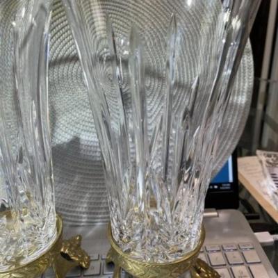 Vintage Pair of Leaded Glass Vases/Candle Holders on Solid Brass Bases 10" Tall Overall in VG Preowned Condition.