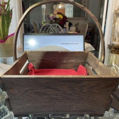 Vintage/Antique Wooden Crate Basket w/Curved Wood Handle 12" x 12" x 13" Tall in Good Preowned Condition.