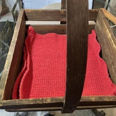 Vintage/Antique Wooden Crate Basket w/Curved Wood Handle 12" x 12" x 13" Tall in Good Preowned Condition.