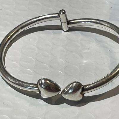 Vintage Double Heart Sterling .925 Silver Hinged Bangle Bracelet 7.5"to 8" Wrist Size in Good Preowned Condition.