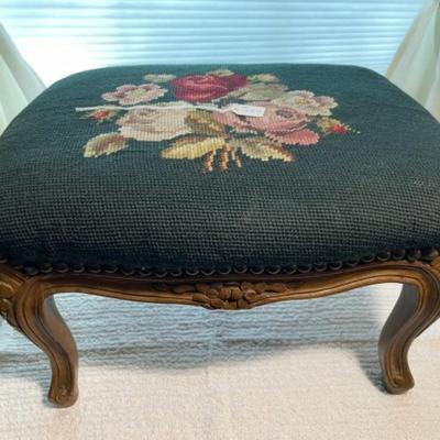 Vintage NEEDLEPOINT Foot Stool Preowned from an Estate 16" x 13" x 10.5" in Good Preowned Condition.